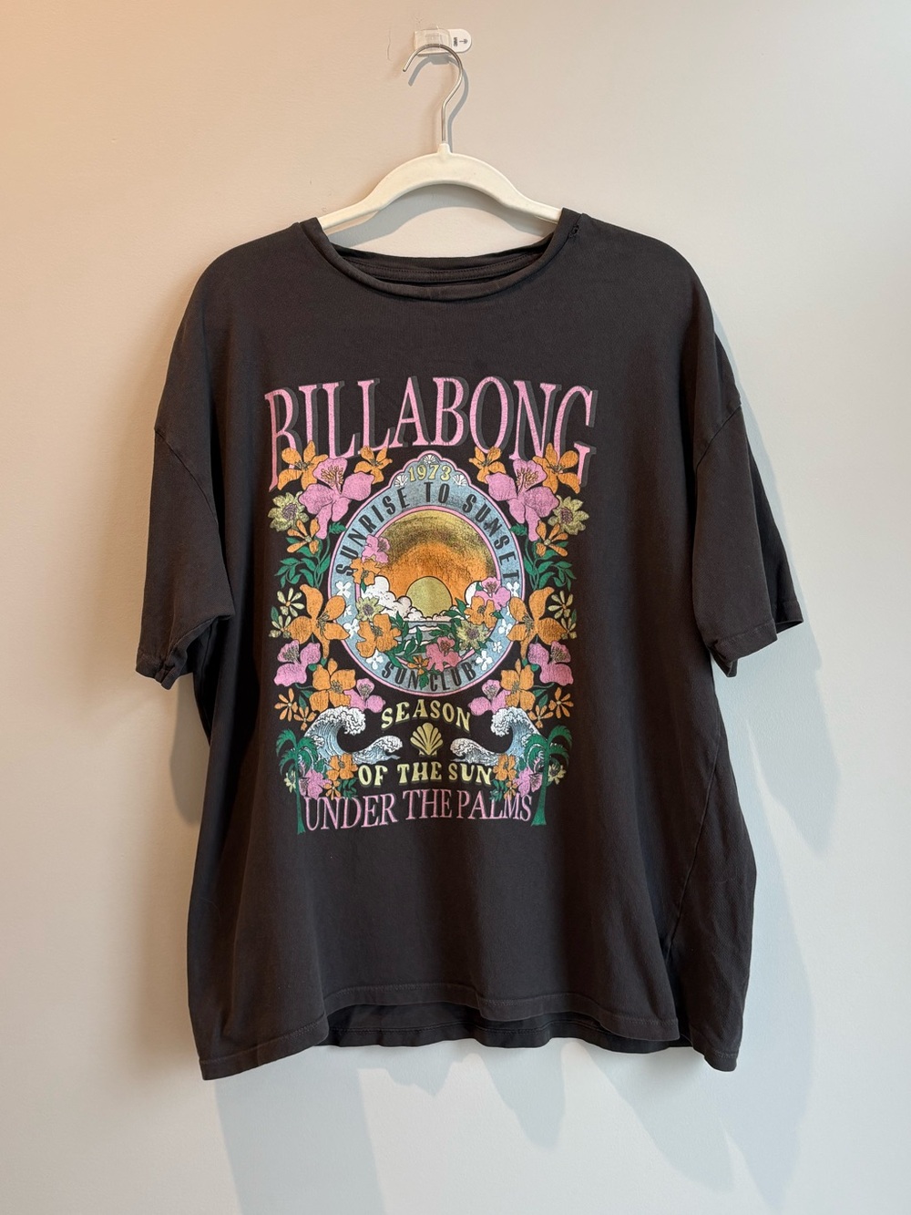 Billabong Black Tee with Pink & Multicolor Floral Graphic